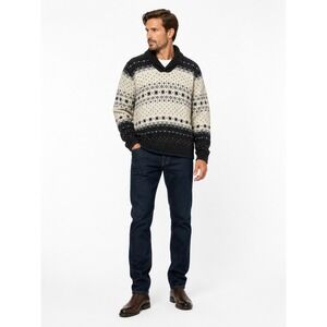 Black Brown 1826 Mens XL Lambswool Fair Isle Sweater Collared Wool Winter Ski